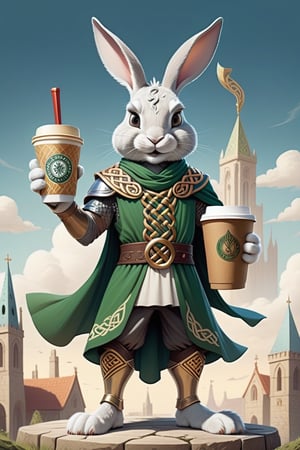 Anthropomorphic rabbit dressed as a celtic god holding takeaway coffee in paw and a sword in the other paw 