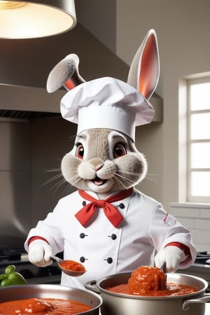 Cute Anthropomorphic rabbit chef cooking meatballs in marinara sauce