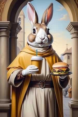 Anthropomorphic rabbit dressed as Saint Francis of Assisi, holding takeaway coffee in one paw and a cheeseburger in the other paw,style of a renaissance painting 