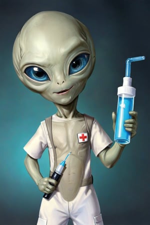 Adorable little alien holding a syringe, wearing a nurse uniform,Paul1024,ALIEN,Nurse suit