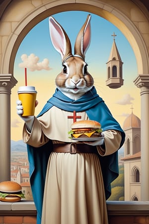 Anthropomorphic rabbit dressed as Saint Francis of Assisi, holding takeaway coffee in one paw and a cheeseburger in the other paw,style of a renaissance painting 