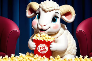 Anthropomorphic fat lamb eating popcorn 