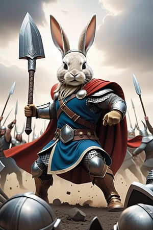 Anthropomorphic rabbit dressed like Thor, fighting vikings on a battlefield 