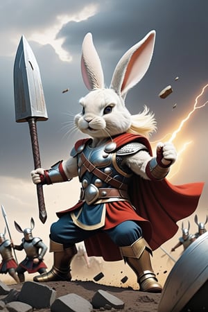 Anthropomorphic rabbit dressed like Thor, fighting vikings on a battlefield 