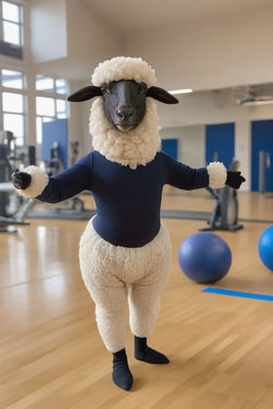 Anthropomorphic sheep wearing leg warmers and leotard, in gym
