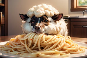 Anthropomorphic fat sheep eating pasta