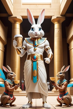 Anthropomorphic rabbit dressed as an Egyptian god holding takeaway coffee in paw being worshipped by humsn slaves in front of shiny Egyptian temple