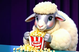 Anthropomorphic fat lamb eating popcorn 