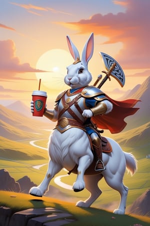 Anthropomorphic rabbit dressed as a Cú Chulainn holding takeaway coffee in paw, celtic sword and shield on his back, riding a horse, scottish glen at sunrise,