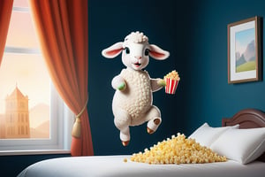 Anthropomorphic lamb jumping on bed and holding popcorn 