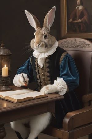 Anthropomorphic rabbit dressed as Shakespeare, sitting at a medieval writing desk holding a quill and a coffee cup