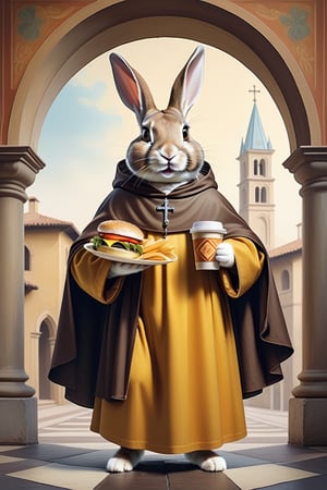 Anthropomorphic rabbit dressed as Saint Francis of Assisi, holding takeaway coffee in one paw and a cheeseburger in the other paw,style of a renaissance painting 
