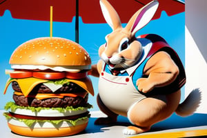 Anthropomorphic rabbit eating a colossal burger
