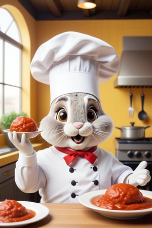 Cute Anthropomorphic rabbit chef eating meatball marinara