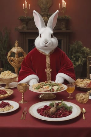 Anthropomorphic rabbit sitting at a banquet table, table covered in food, wearing red velvet robes and a gold crown