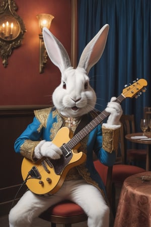 Anthropomorphic rabbit dressed as medieval minstrel, playing an electric guitar behind his head like Jimi Hendrix , crowded castle banquet room