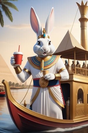 Anthropomorphic rabbit dressed as an Egyptian god holding takeaway coffee in paw, pharaoh's royal barge on the Nile