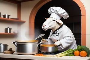Anthropomorphic sheep wearing a chef hat cooking soup