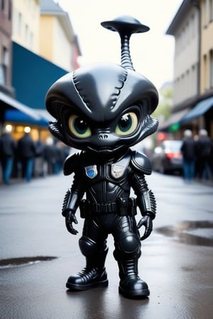 Adorable little alien xenomorph walking down public street, wearing a police uniform