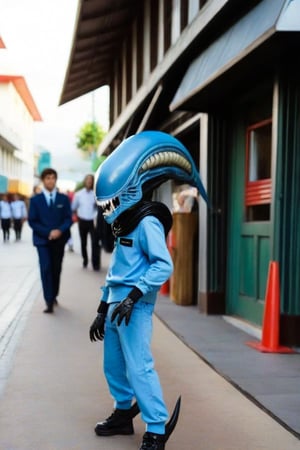 Adorable little alien xenomorph walking down public street, wearing a school uniform,Xenomorph