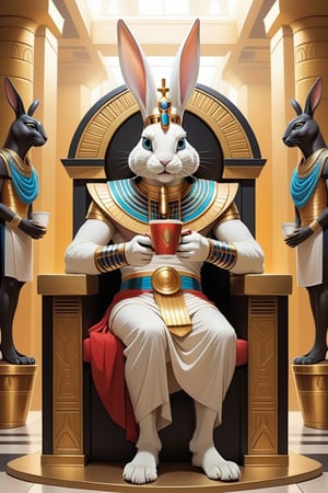 Anthropomorphic rabbit dressed as an Egyptian god holding takeaway coffee in paw sitting on throne, Egyptian throne room