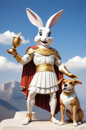 Anthropomorphic rabbit dressed like a greek God petting a 3 headed dog, mount olympus, 