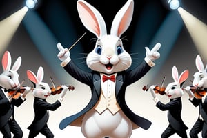 Anthropomorphic rabbit conducting an orchestra 