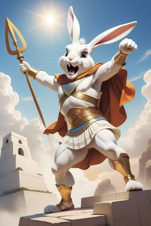 Anthropomorphic rabbit dressed like a greek God, mount olympus, fighting a monster