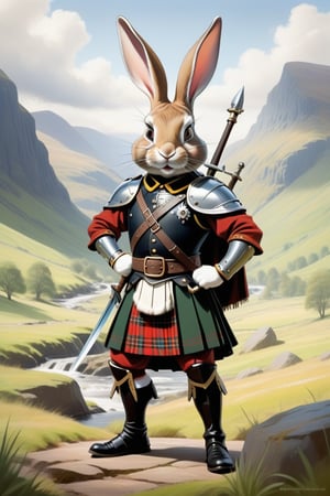 Anthropomorphic rabbit warrior in a kilt,holding a claymore, Scottish glen scene