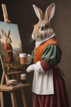 Anthropomorphic rabbit dressed as Michaelangelo, standing at an easel holding a paintbrush and a coffee cup, renaissance art studio, beautiful painting of a woman on the easel