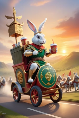 Anthropomorphic rabbit dressed as a celtic god holding takeaway coffee in paw, celtic sword and shield on his back, riding a battle chariot pulled by horses, scottish glen at sunrise,