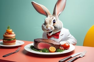 Anthropomorphic rabbit eating a huge steak

