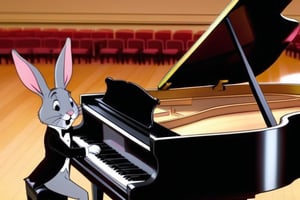Anthropomorphic rabbit wearing a tuxedo, playing a grand piano in Carnegie Hall