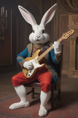 Anthropomorphic rabbit dressed as medieval minstrel, playing an electric guitar like Jimi Hendrix , castle throne room