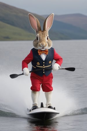 Anthropomorphic rabbit, water-skiing on a Scottish loch