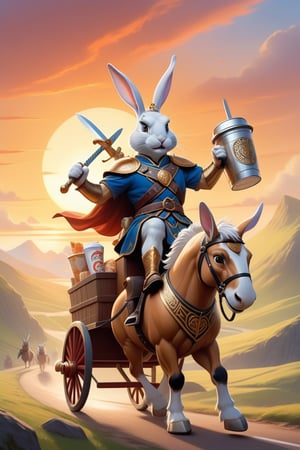 Anthropomorphic rabbit dressed as a Cú Chulainn holding takeaway coffee in paw, celtic sword and shield on his back, riding a horse chariot, scottish glen at sunrise,