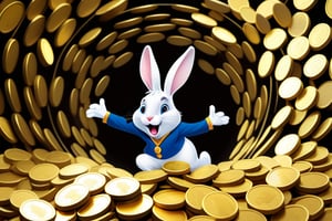 Anthropomorphic rabbit playing in a pile of gold coins 