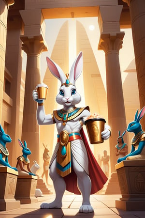 Anthropomorphic rabbit dressed as an Egyptian god holding takeaway coffee in paw being worshipped by humsn slaves in front of shiny Egyptian temple
