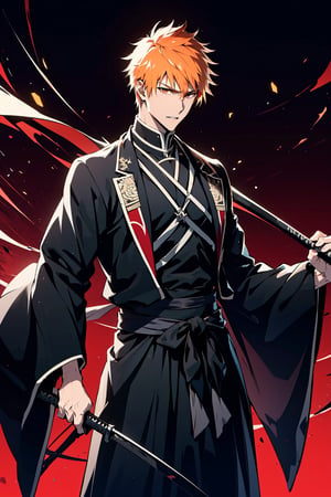 (masterpiece, best quality), , cowboy shot, solo, male focus, 1boy, kurosaki ichigo, slight smile, looking at viewer, short orange hair, brown eyes, japanese clothes, black kimono, Holding black katana, The whole body exudes black and red aura, black and red background,

(ultrahigh resolution textures), in dynamic pose, bokeh, (intricate details, hyperdetailed:1.15), detailed, HDR+, ,male