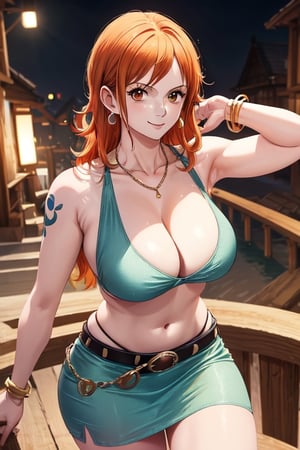 masterpiece, best quality, Nami (one piece), 1girl, solo, long hair, looking at viewer, orange hair, short hair, orange eyes,
town background, 
earrings, jewelry,brown shirt, navel,shoulder tattoo, bangle, belt, short skirt, miniskirt, smile,
Nami, ((big breasts , cleavage)), 
(ultrahigh resolution textures), in dynamic pose, bokeh, (intricate details, hyperdetailed:1.15), detailed, HDR+, 
Sleeveless off the shoulder, armpit, 
nami \(one piece\),NamiOP,MeikoDef,realhands,hand,Xter