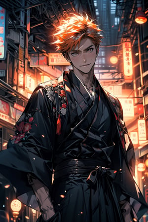 (masterpiece, best quality), , cowboy shot, solo, male focus, 1boy, kurosaki ichigo, slight smile, looking at viewer, short orange hair, brown eyes, japanese clothes, black kimono, 

(ultrahigh resolution textures), in dynamic pose, bokeh, (intricate details, hyperdetailed:1.15), detailed, HDR+, 