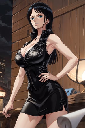 masterpiece, best quality, 1girl, solo, town background, 
long hair, looking at viewer, black hair, long hair, blue eyes, 30 years old, slim body,
Sleeveless black leather jacket, black leather skirt, cleavage,large breasts,townscape,
Nico Robin, ((big breasts , cleavage)), chuckle, showing armpit, 
(ultrahigh resolution textures), in dynamic pose, bokeh, (intricate details, hyperdetailed:1.15), detailed, HDR+, 
Sleeveless off the shoulder, nico_robinnn,NicoRobin,MeikoDef,Xter,blunt_bangs