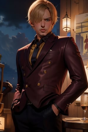(masterpiece, best quality:1.2), a handsome young man, 20 years old, sanji2, suit, hair_over_one_eye, eyeblow, black shirts, necktie, Burgundy jacket, facial hair, cowboy shot, Western restaurant background