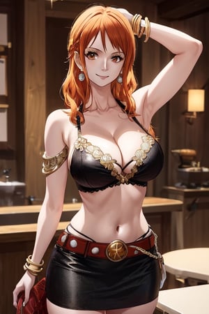 masterpiece, best quality, Nami (one piece), 1girl, solo, long hair, looking at viewer, orange hair, short hair, orange eyes,
town background, 
earrings, jewelry,brown shirt, navel,shoulder tattoo, bangle, belt, short skirt, miniskirt, smile,
Nami, ((big breasts , cleavage)), 
(ultrahigh resolution textures), in dynamic pose, bokeh, (intricate details, hyperdetailed:1.15), detailed, HDR+, 
Sleeveless off the shoulder, armpit, 
nami \(one piece\),NamiOP,MeikoDef,realhands,hand,Xter