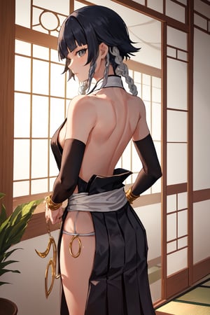 (masterpiece, best quality:1.2), solo, 1girl, soifon, expressionless, looking at viewer, a relatively petite woman with gray eyes and black hair which she wears short with two long braids bound in white cloth, each ending in a large golden ring.  japanese clothes, sideboob, black pleated short skirt, short skirt, hip vent, detached sleeves, bare shoulders ,soifon,MeikoDef, small breasts, Japanese style house interior ,backless, short black hair, showing armpit, ,BACK VIEW