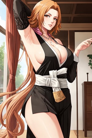 (masterpiece, best quality:1.2), solo, 1girl, matsumoto rangiku, looking at viewer, 
black japanese clothes, backless, sideboob, armpit, black pleated short skirt, side hip vent, detached sleeves, smile, big large breasts, (big breasts:0.5), bare shoulders, a thin golden necklace tucked between her cleavage, a long pink scarf over her shoulders, Orange wavy long curly hair, shiny skin, perfect body, Reveal cleavage, 
(ultrahigh resolution textures), in dynamic pose, bokeh, (intricate details, hyperdetailed:1.15), detailed, HDR+, showing armpit,
Japanese style house interior background, matsumoto rangiku,MeikoDef, backless, backless ,Xter