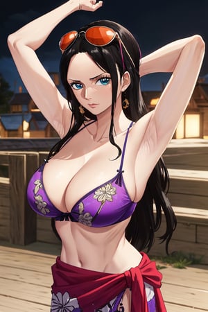 masterpiece, best quality, 1girl, solo, town background, 
long hair, looking at viewer, black hair, long hair, blue eyes, 30 years old, slim body,
sunglasses, eyewear on head, Purple top, Purple bikini, hair slicked back, pink print sarong tied around the waist, cleavage,large breasts,townscape,
Nico Robin, ((big breasts , cleavage)), chuckle, showing armpit, 
(ultrahigh resolution textures), in dynamic pose, bokeh, (intricate details, hyperdetailed:1.15), detailed, HDR+, 
Sleeveless off the shoulder, nico_robinnn,NicoRobin,MeikoDef,Xter