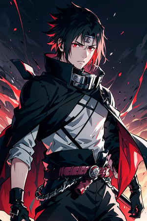 (masterpiece, best quality), , cowboy shot, solo, male focus, 1boy, Sasuke Uchiha, slight smile, looking at viewer, 
The left eye glows purple and the right eye glows red, spiky black hair with a blue tint. Sasuke's hair is long, very handsome. 
black cloak, a maroon cinch on the collar, and maroon lining. His long-sleeved shirt gains light grey cuffs, and he wears a pair of brown leather belts with a black sheath for his sword, 
The whole body exudes black and red and purple aura, black and red and purple background,

(ultrahigh resolution textures), in dynamic pose, bokeh, (intricate details, hyperdetailed:1.15), detailed, HDR+, ,male,Naruto uzumaki ,n4rut0,s4suk3