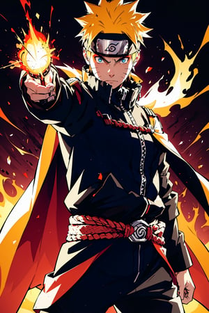 (masterpiece, best quality), , cowboy shot, solo, male focus, 1boy, Uzumaki Naruto, slight smile, looking at viewer, yellow-blond, spiky hair and blue eyes, His trademark characteristics are the three whisker markings on his cheeks. Domineering heroic leader posture.
wears a black uniform jacket with an orange zipper and buttons on the waist and sleeves, black pants, a white cape that has a red flame pattern around the hem, is held together by a red rope. 
The whole body exudes black and red aura, black and red background,

(ultrahigh resolution textures), in dynamic pose, bokeh, (intricate details, hyperdetailed:1.15), detailed, HDR+, ,male,Naruto uzumaki ,n4rut0