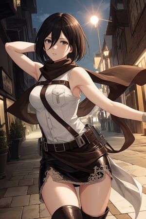 (masterpiece, best quality:1.2), solo, Mikasa Ackerman ,
Mikasa is a fairly tall and well-toned woman. She is of partial Asian heritage, with pale skin, gray eyes, and shaggy black hair that was long until she cut it to chin-length. 
a sleeveless white shirt, light brown jacket with the badge of the squad on both shoulders, on the front left pocket and on the center of the back, a light-colored shirt, a dark brown leather hip wrap skirt, and dark brown knee-high leather boots. a black scarf that she almost always wears.
Mikasa Ackerman, Smooth and flawless armpits, Smooth and flawless skin, 
(ultrahigh resolution textures), in dynamic pose, bokeh, (intricate details, hyperdetailed:1.15), detailed, HDR+, ,Xter, Mikasa Ackerman, european town background.